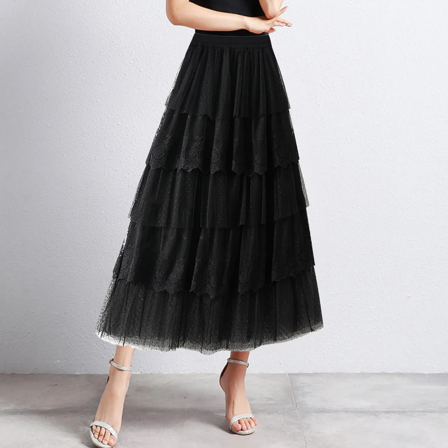 Rvidbe Lace Maxi Skirts for Women Summer Casual Elastic Waist A-Line Pleated Layered Long Skirt Flowy Tiered Tulle Skirts