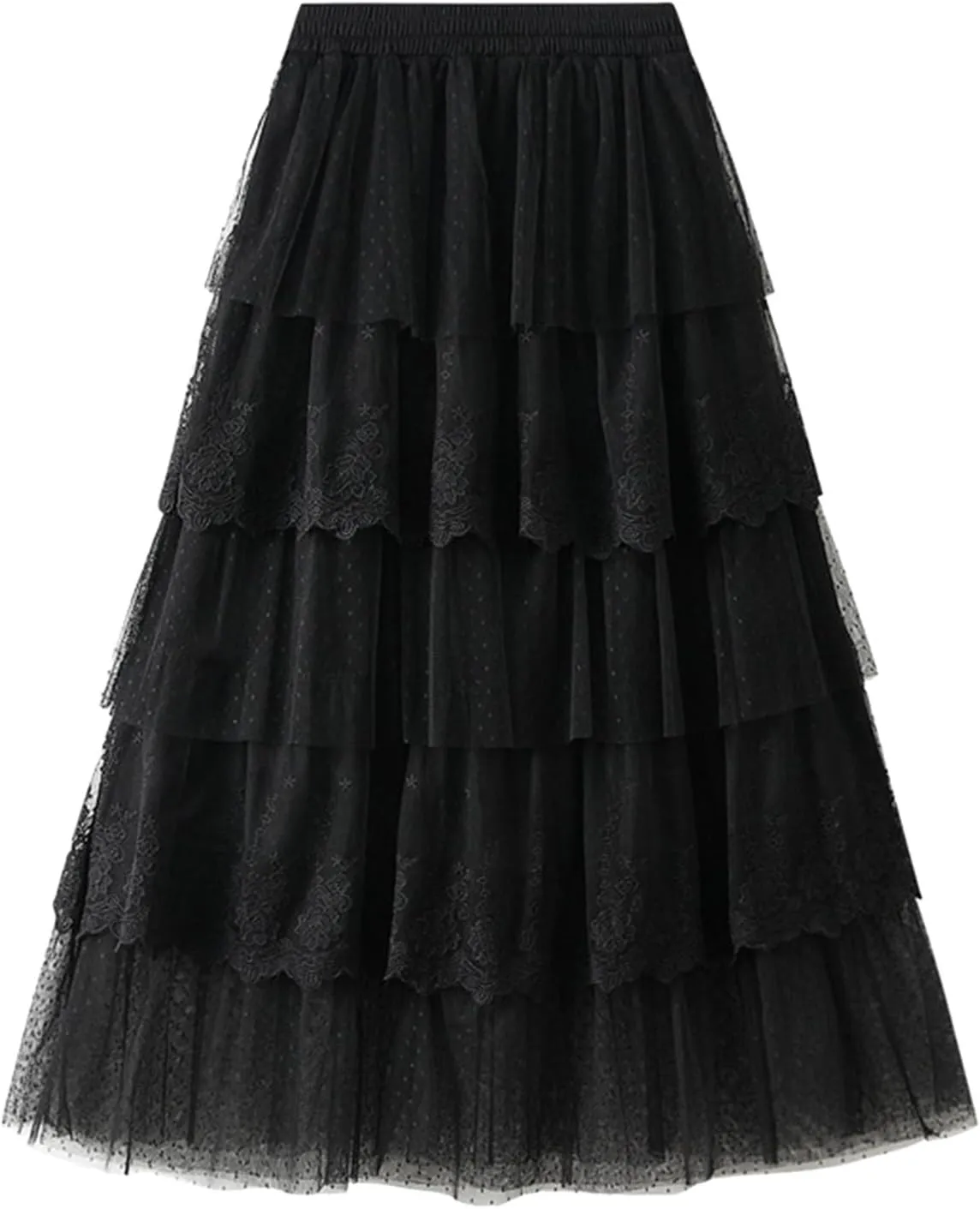 Rvidbe Lace Maxi Skirts for Women Summer Casual Elastic Waist A-Line Pleated Layered Long Skirt Flowy Tiered Tulle Skirts