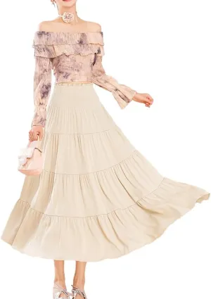 Satin Midi Skirts for Women Trendy A Line High Waisted Flowy Pleated Ruffle Patchwork Skirt
