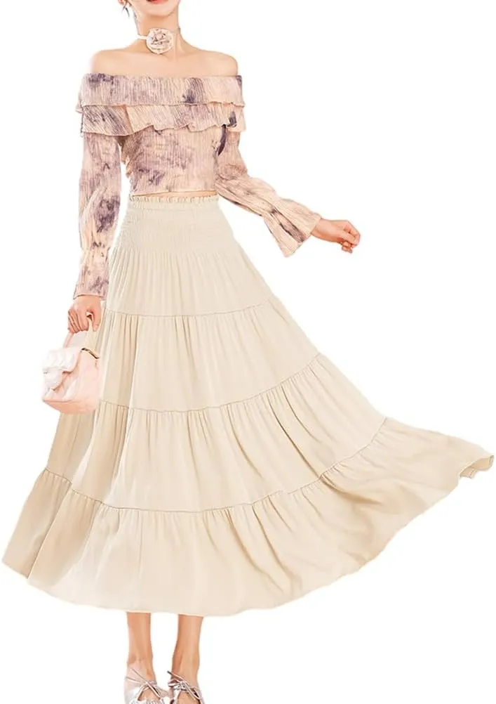 Satin Midi Skirts for Women Trendy A Line High Waisted Flowy Pleated Ruffle Patchwork Skirt