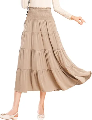 Satin Midi Skirts for Women Trendy A Line High Waisted Flowy Pleated Ruffle Patchwork Skirt