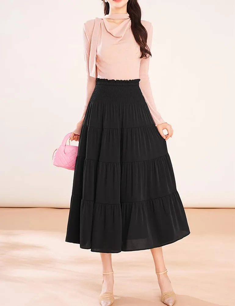 Satin Midi Skirts for Women Trendy A Line High Waisted Flowy Pleated Ruffle Patchwork Skirt