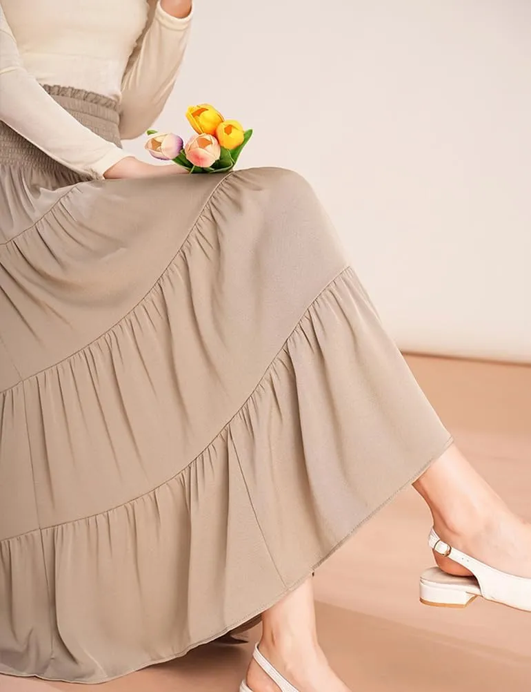 Satin Midi Skirts for Women Trendy A Line High Waisted Flowy Pleated Ruffle Patchwork Skirt