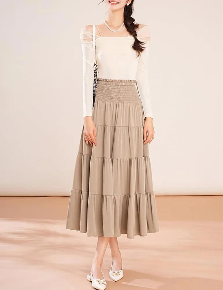 Satin Midi Skirts for Women Trendy A Line High Waisted Flowy Pleated Ruffle Patchwork Skirt