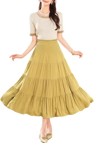 Satin Midi Skirts for Women Trendy A Line High Waisted Flowy Pleated Ruffle Patchwork Skirt