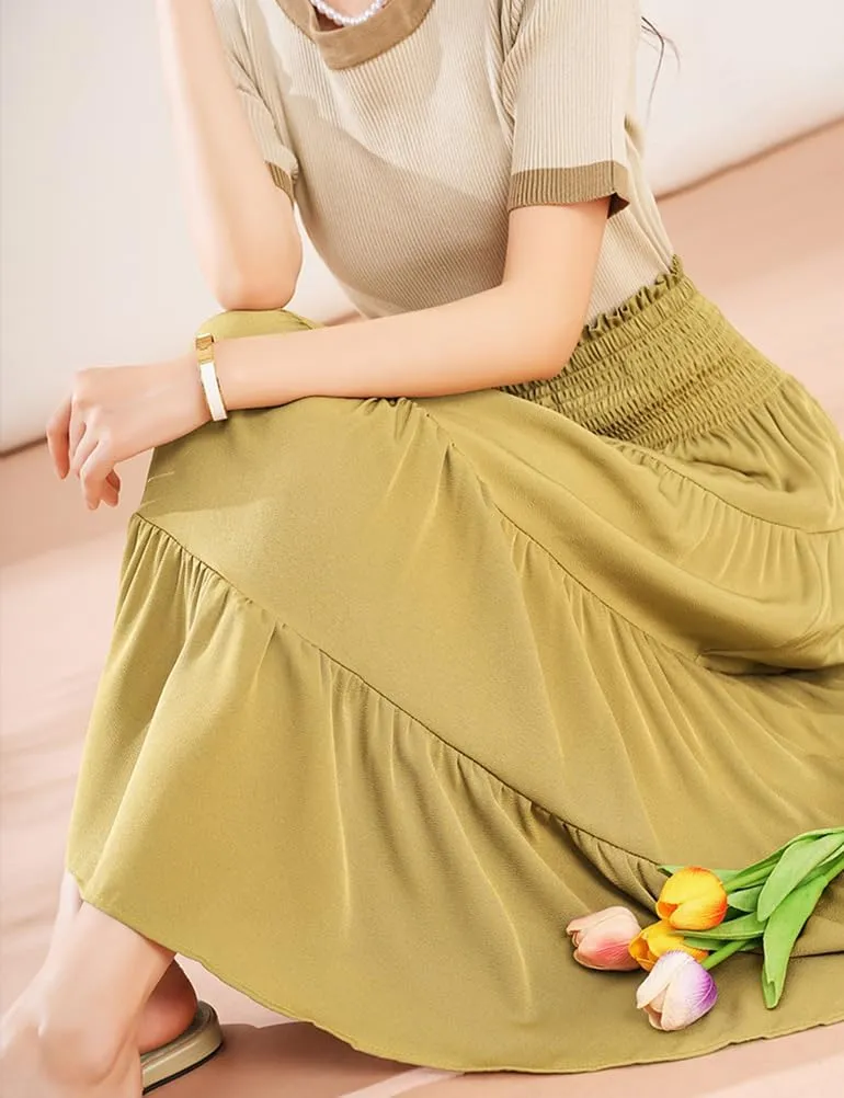 Satin Midi Skirts for Women Trendy A Line High Waisted Flowy Pleated Ruffle Patchwork Skirt