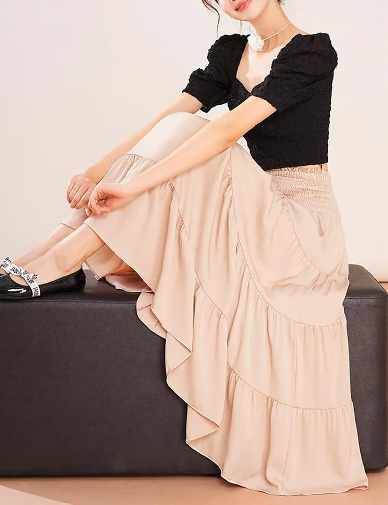 Satin Midi Skirts for Women Trendy A Line High Waisted Flowy Pleated Ruffle Patchwork Skirt