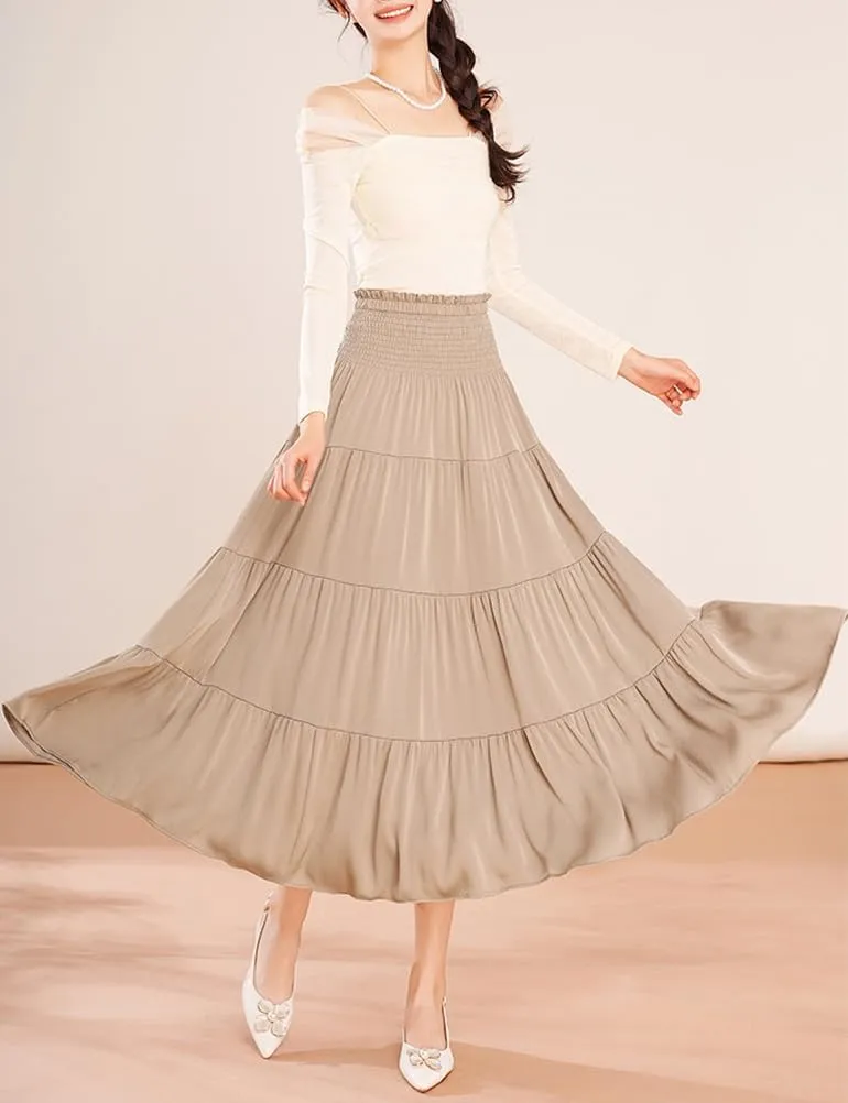 Satin Midi Skirts for Women Trendy A Line High Waisted Flowy Pleated Ruffle Patchwork Skirt