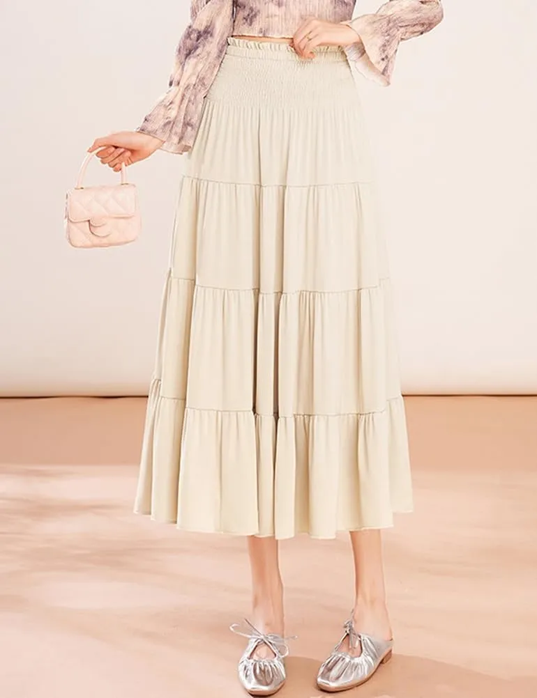 Satin Midi Skirts for Women Trendy A Line High Waisted Flowy Pleated Ruffle Patchwork Skirt