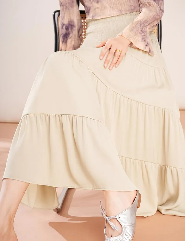 Satin Midi Skirts for Women Trendy A Line High Waisted Flowy Pleated Ruffle Patchwork Skirt
