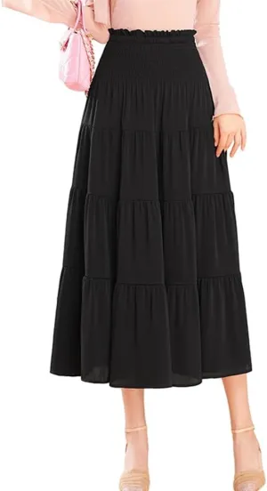 Satin Midi Skirts for Women Trendy A Line High Waisted Flowy Pleated Ruffle Patchwork Skirt