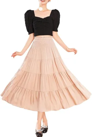 Satin Midi Skirts for Women Trendy A Line High Waisted Flowy Pleated Ruffle Patchwork Skirt