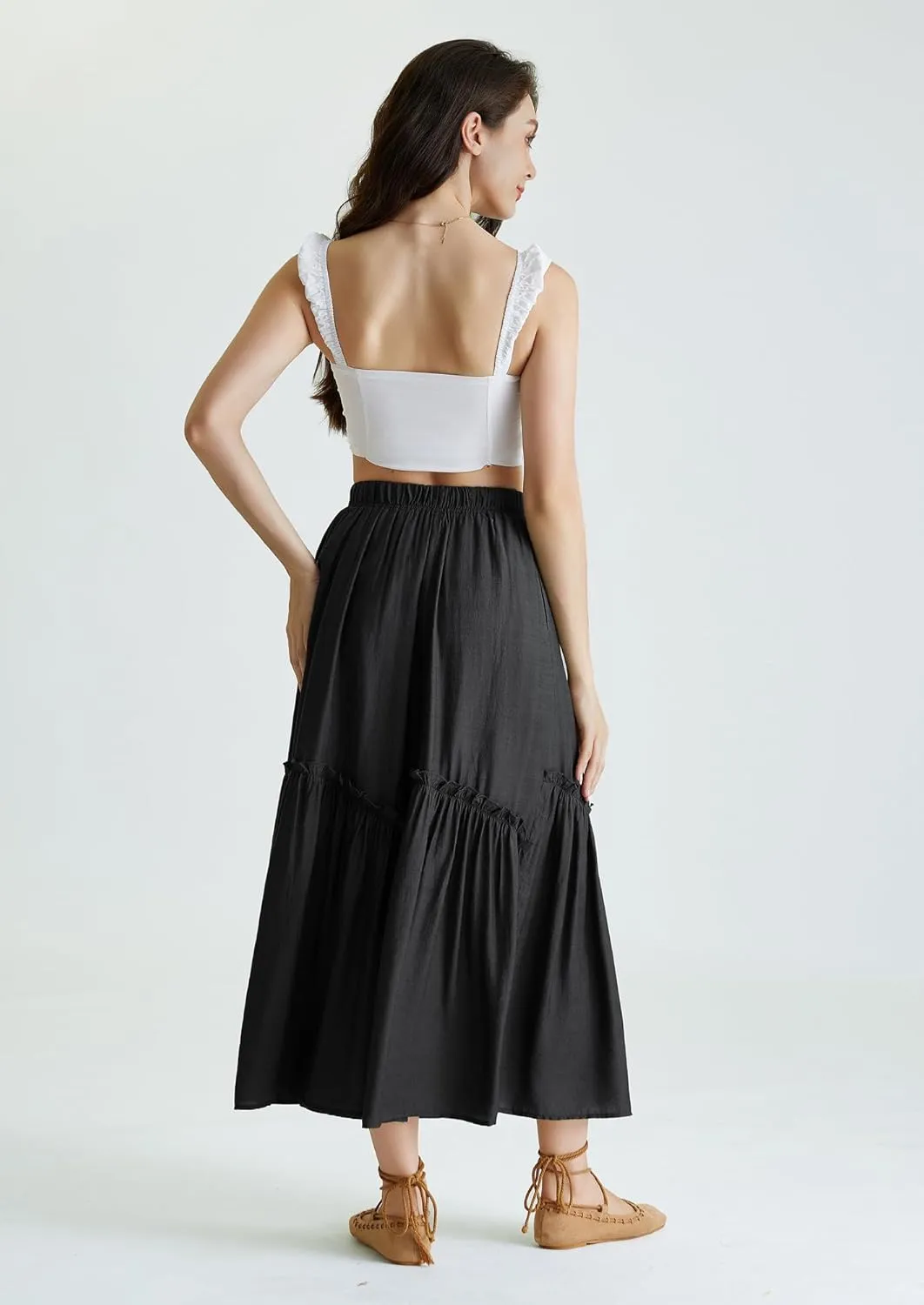 Scarlet Darkness Maxi Skirts for Women Renaissance High Waisted Boho Tiered Flowy Skirt with Pockets