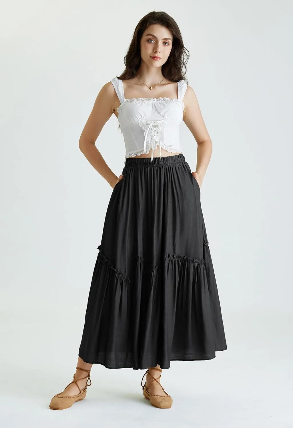 Scarlet Darkness Maxi Skirts for Women Renaissance High Waisted Boho Tiered Flowy Skirt with Pockets