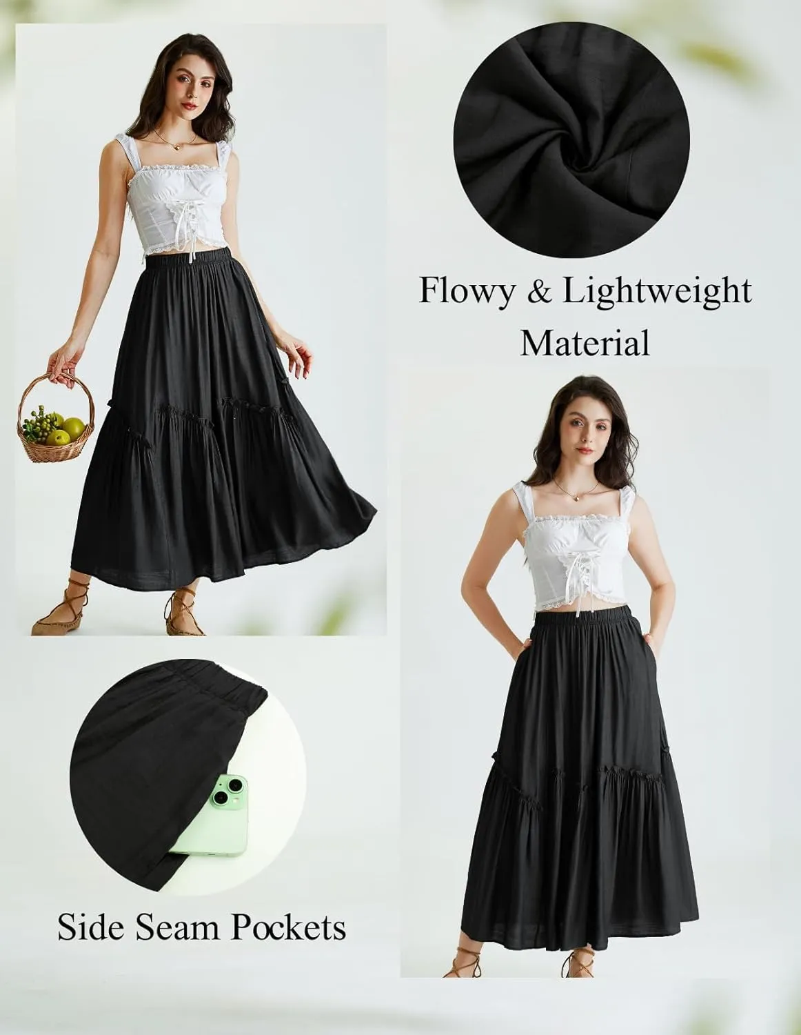 Scarlet Darkness Maxi Skirts for Women Renaissance High Waisted Boho Tiered Flowy Skirt with Pockets