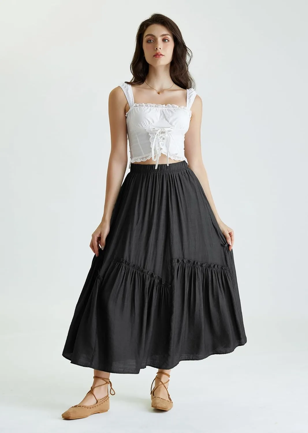 Scarlet Darkness Maxi Skirts for Women Renaissance High Waisted Boho Tiered Flowy Skirt with Pockets