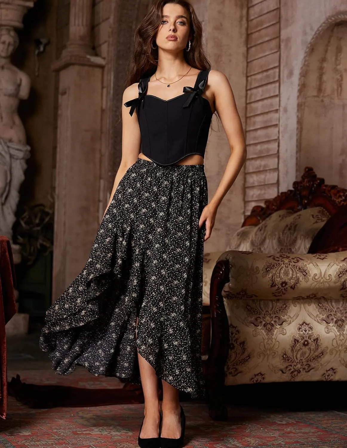 Scarlet Darkness Women's Renaissance Skirt Floral Print High Waist Ruffle Boho Maxi Skirts