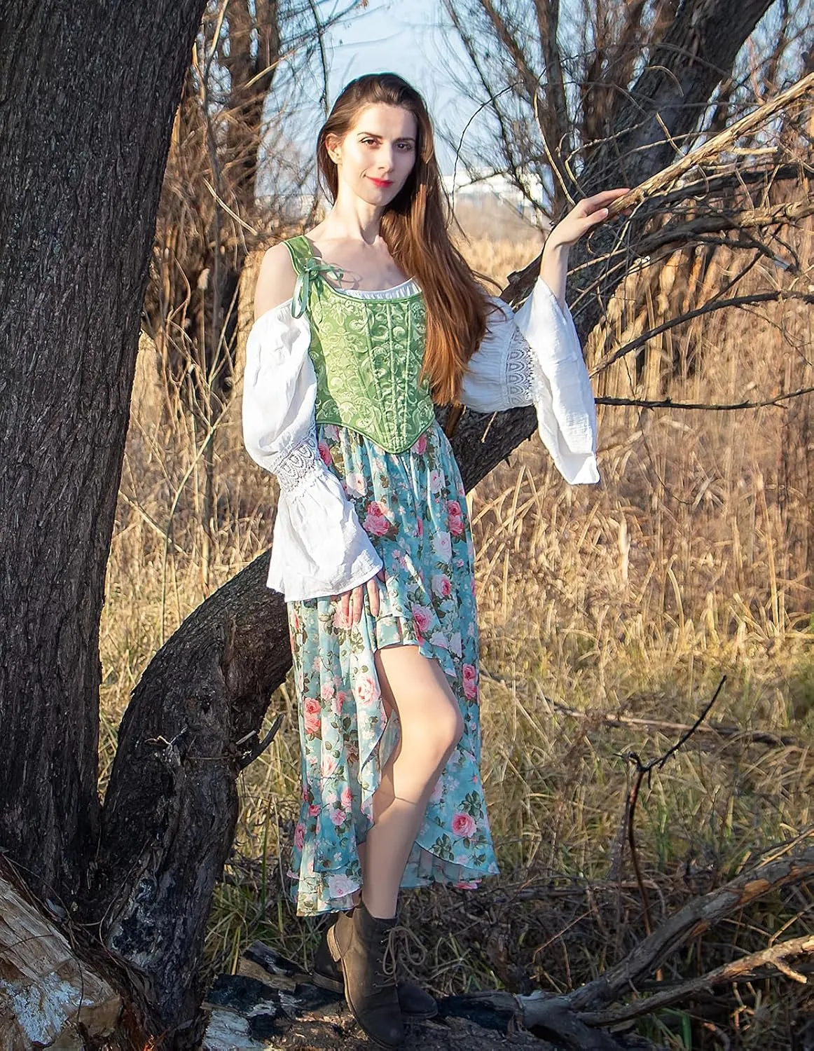 Scarlet Darkness Women's Renaissance Skirt Floral Print High Waist Ruffle Boho Maxi Skirts