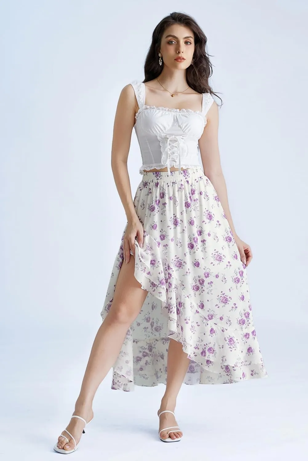 Scarlet Darkness Women's Renaissance Skirt Floral Print High Waist Ruffle Boho Maxi Skirts