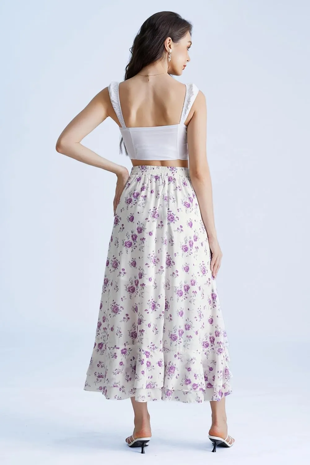 Scarlet Darkness Women's Renaissance Skirt Floral Print High Waist Ruffle Boho Maxi Skirts