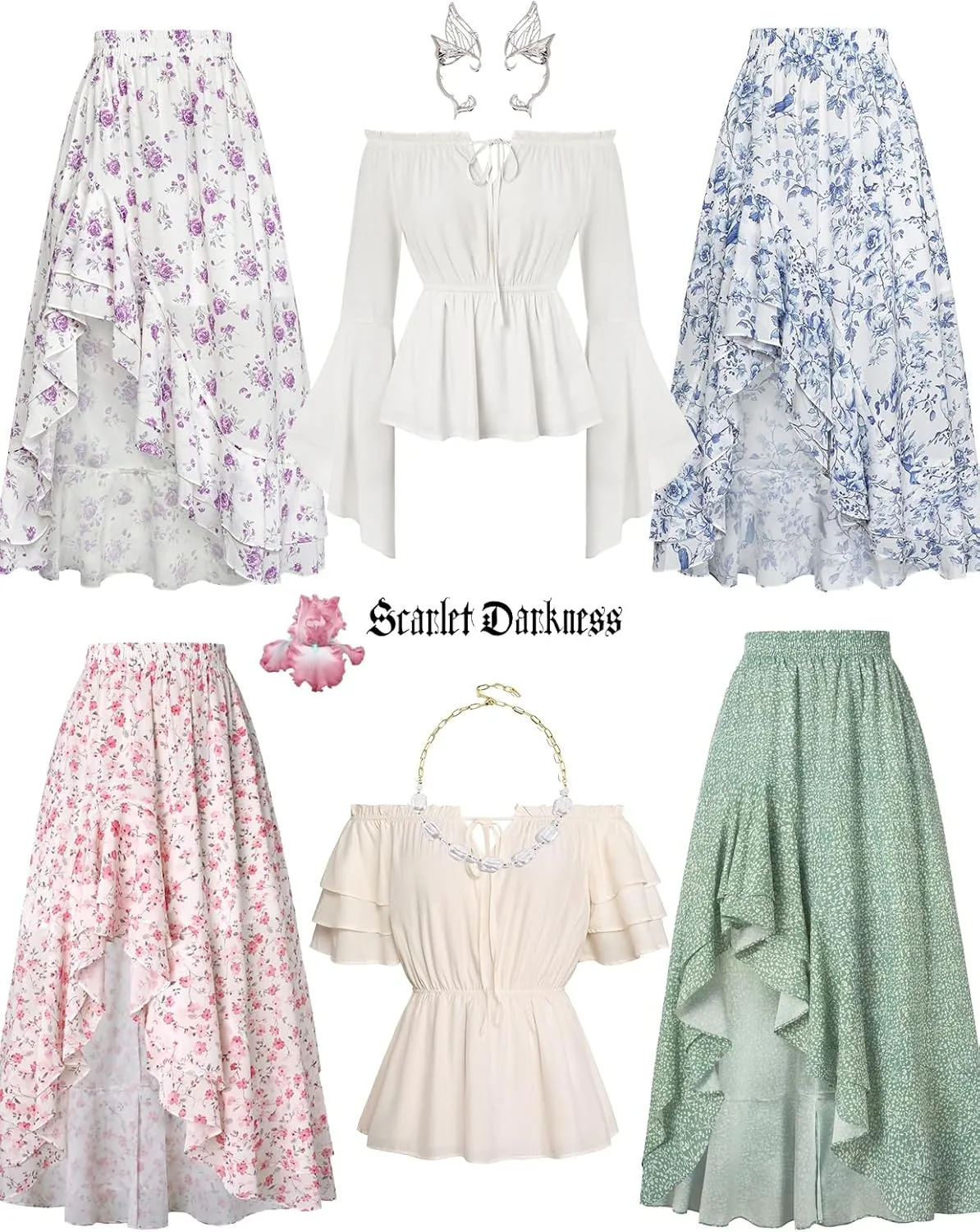 Scarlet Darkness Women's Renaissance Skirt Floral Print High Waist Ruffle Boho Maxi Skirts
