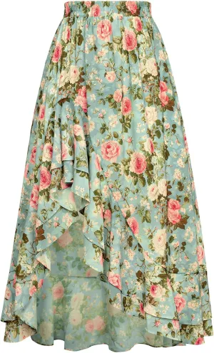 Scarlet Darkness Women's Renaissance Skirt Floral Print High Waist Ruffle Boho Maxi Skirts