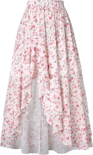 Scarlet Darkness Women's Renaissance Skirt Floral Print High Waist Ruffle Boho Maxi Skirts