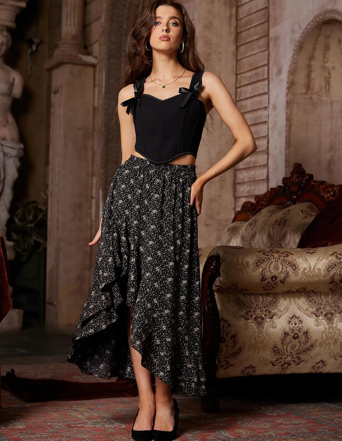 Scarlet Darkness Women's Renaissance Skirt Floral Print High Waist Ruffle Boho Maxi Skirts