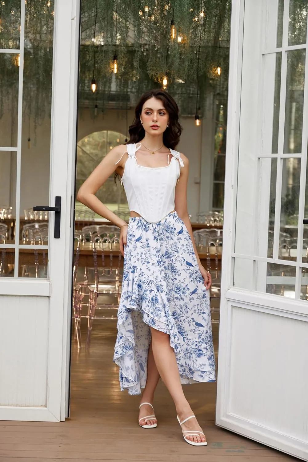 Scarlet Darkness Women's Renaissance Skirt Floral Print High Waist Ruffle Boho Maxi Skirts