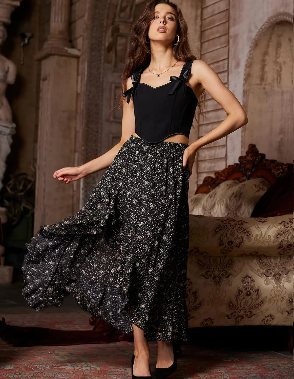 Scarlet Darkness Women's Renaissance Skirt Floral Print High Waist Ruffle Boho Maxi Skirts