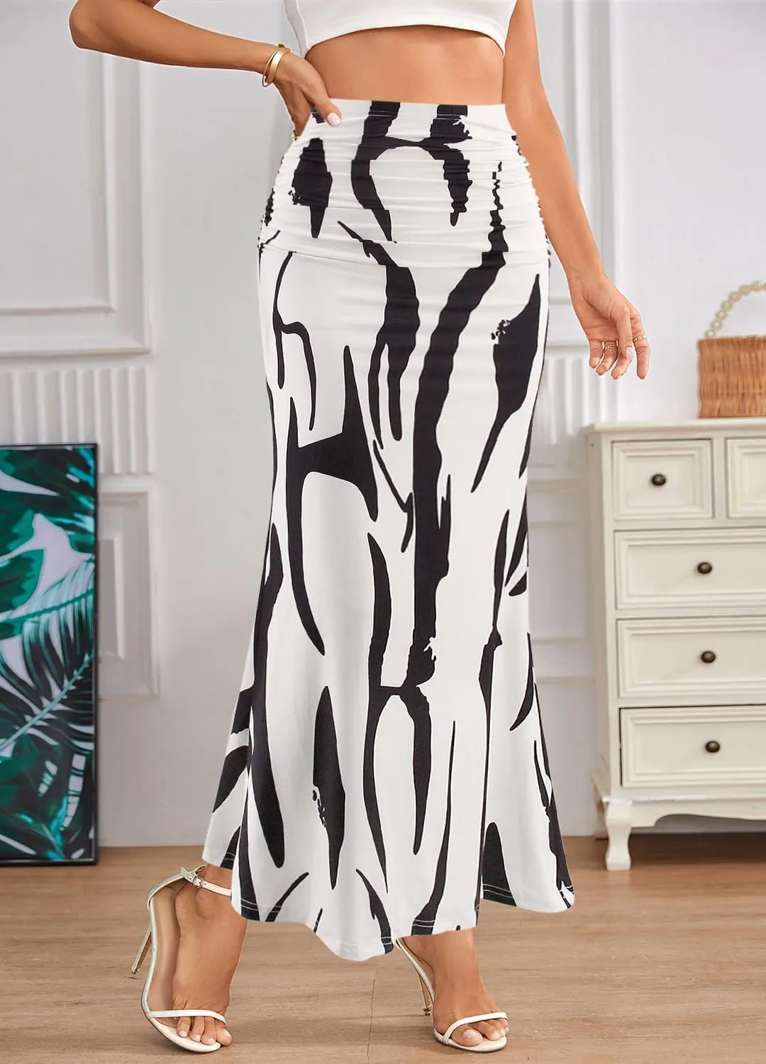 Segreto Women's Maxi Bodycon Wrap Print Skirts Elastic High Waist Long Pencil Skirt Stretchy Slim Fit Flower Fishtail Dress