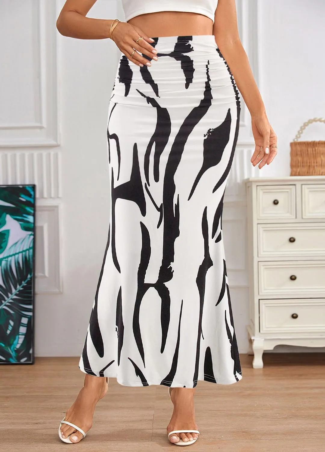 Segreto Women's Maxi Bodycon Wrap Print Skirts Elastic High Waist Long Pencil Skirt Stretchy Slim Fit Flower Fishtail Dress