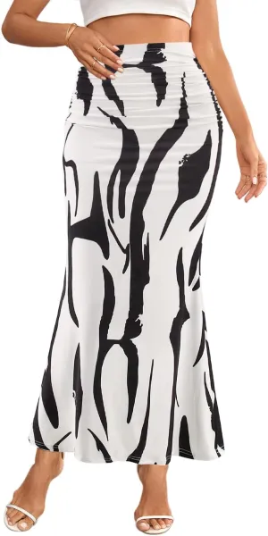 Segreto Women's Maxi Bodycon Wrap Print Skirts Elastic High Waist Long Pencil Skirt Stretchy Slim Fit Flower Fishtail Dress