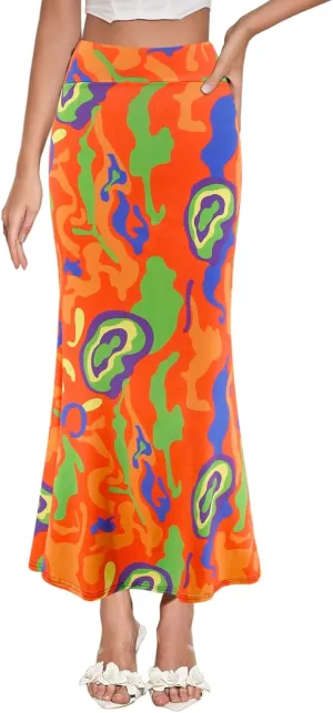 Segreto Women's Maxi Bodycon Wrap Print Skirts Elastic High Waist Long Pencil Skirt Stretchy Slim Fit Flower Fishtail Dress