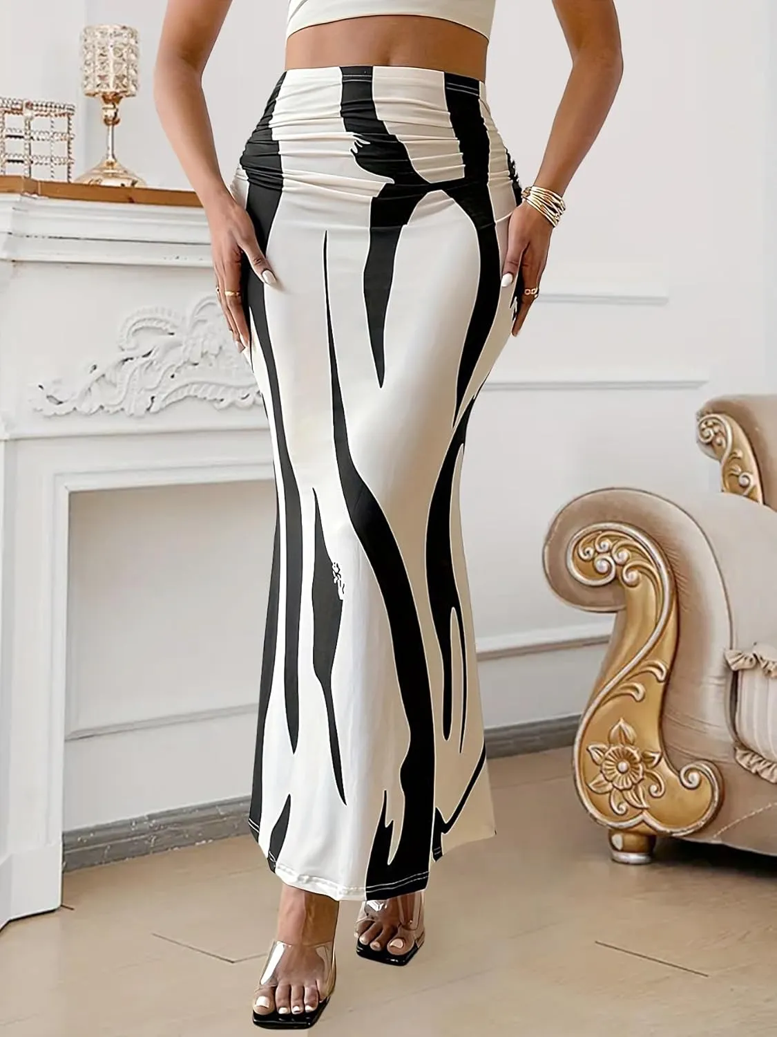 Segreto Women's Maxi Bodycon Wrap Print Skirts Elastic High Waist Long Pencil Skirt Stretchy Slim Fit Flower Fishtail Dress