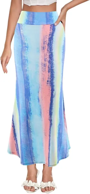 Segreto Women's Maxi Bodycon Wrap Print Skirts Elastic High Waist Long Pencil Skirt Stretchy Slim Fit Flower Fishtail Dress