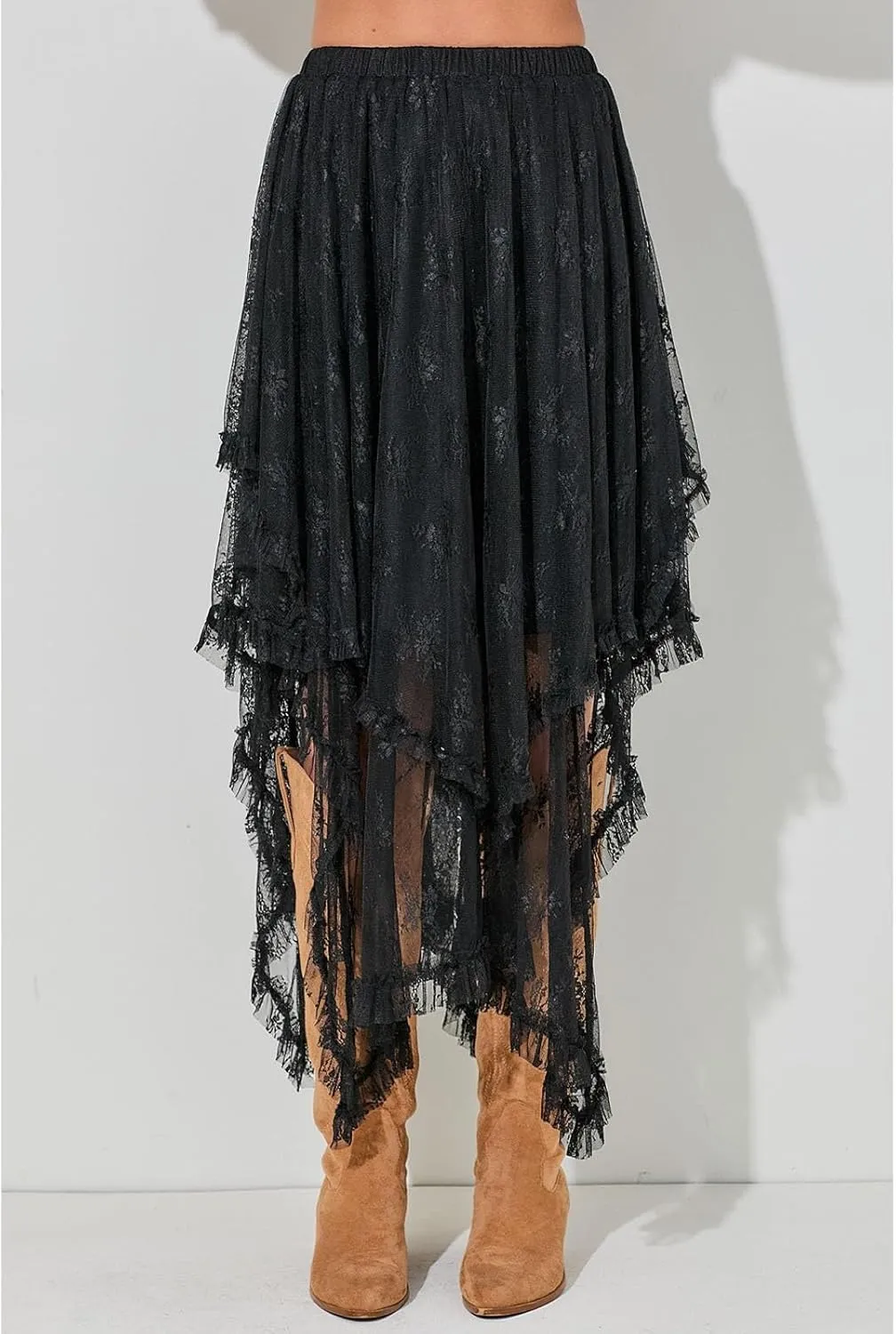 SELINK Womens Casual High Waist Lace Elastic Asymmetrical Layered Summer Long Maxi Skirt