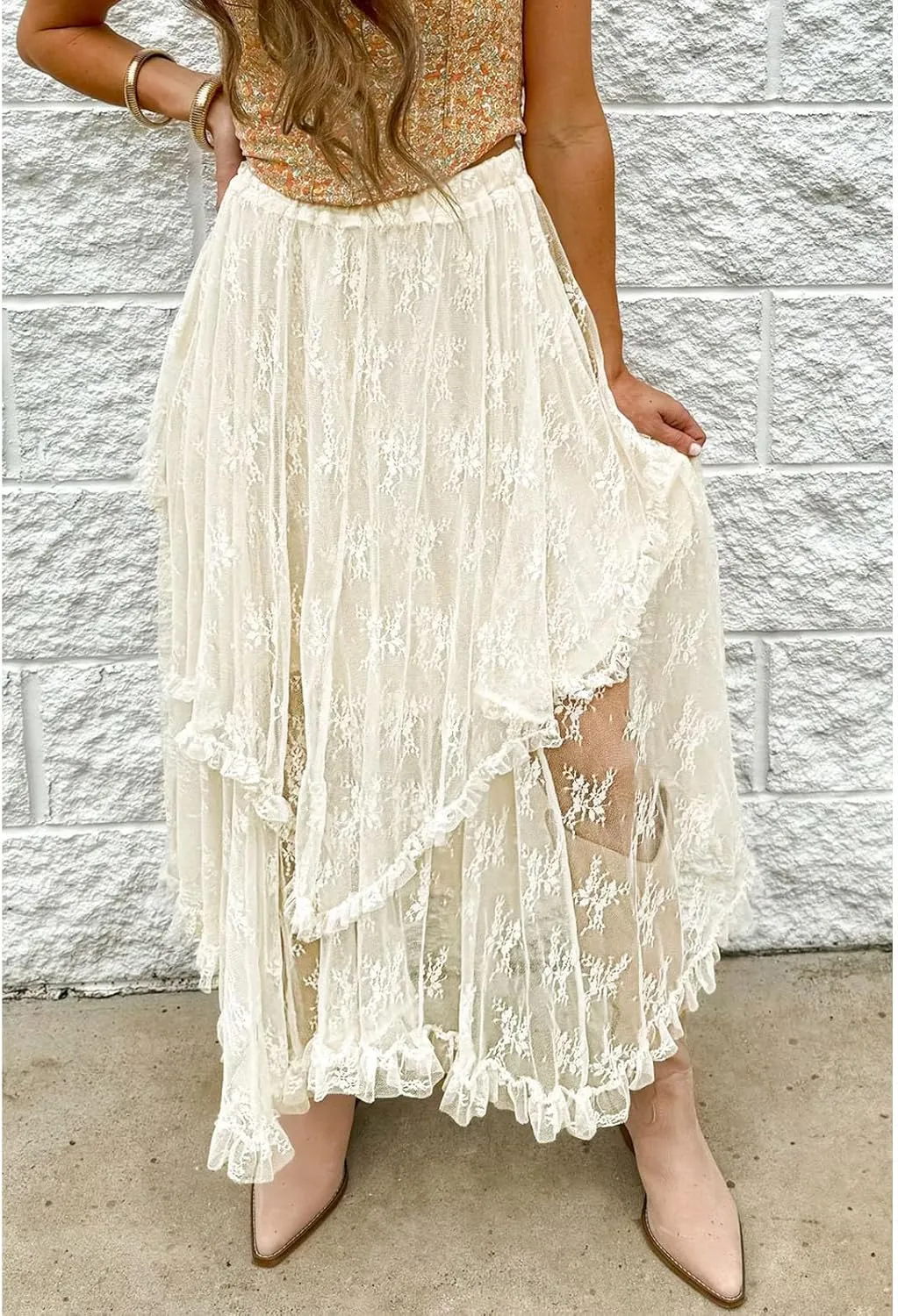 SELINK Womens Casual High Waist Lace Elastic Asymmetrical Layered Summer Long Maxi Skirt