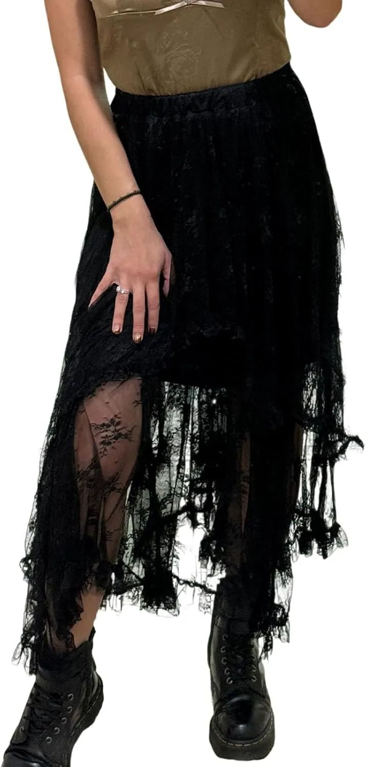 SELINK Womens Casual High Waist Lace Elastic Asymmetrical Layered Summer Long Maxi Skirt