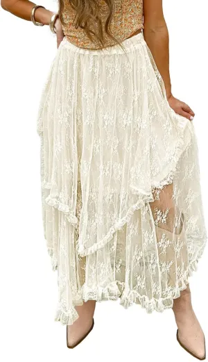 SELINK Womens Casual High Waist Lace Elastic Asymmetrical Layered Summer Long Maxi Skirt