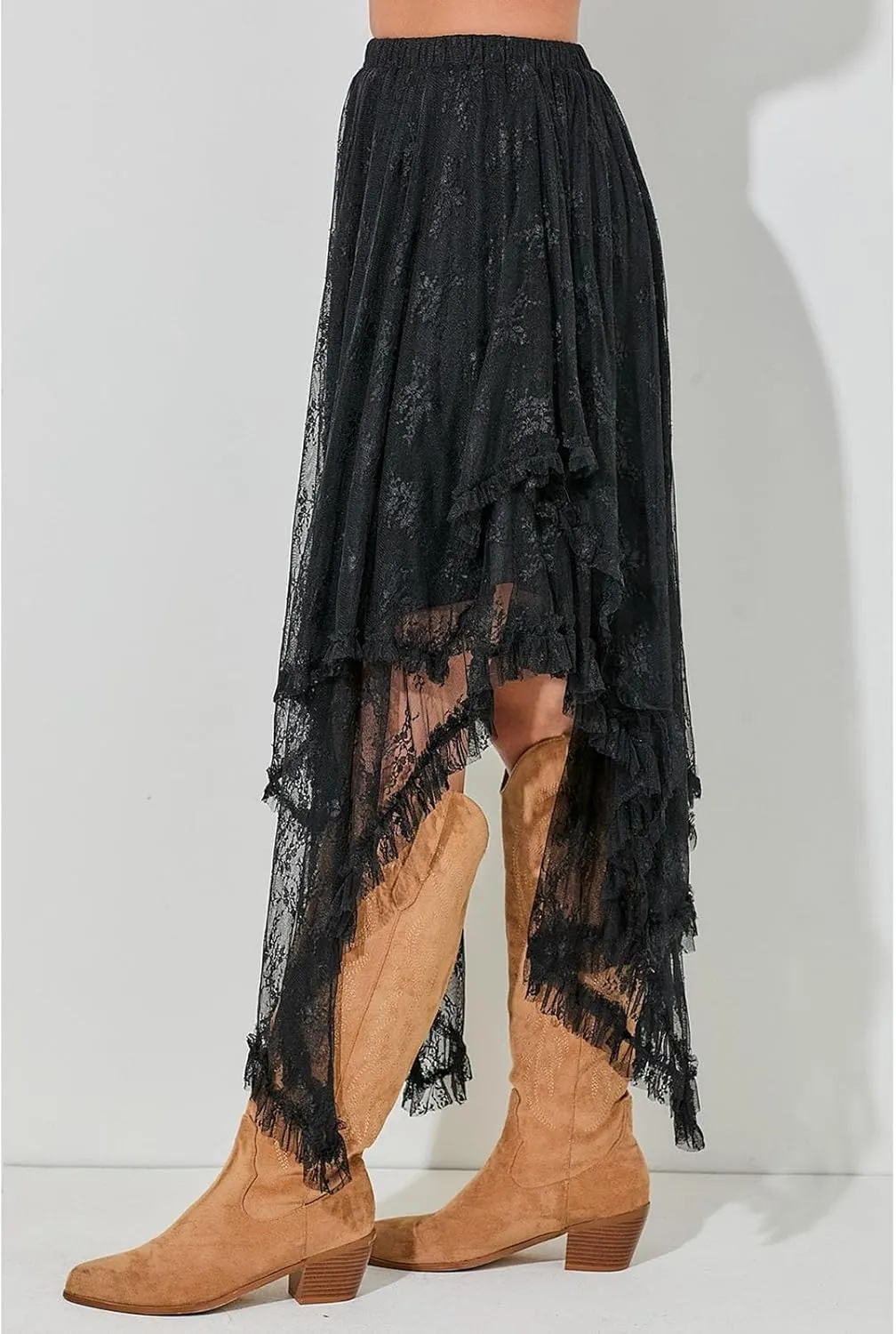 SELINK Womens Casual High Waist Lace Elastic Asymmetrical Layered Summer Long Maxi Skirt
