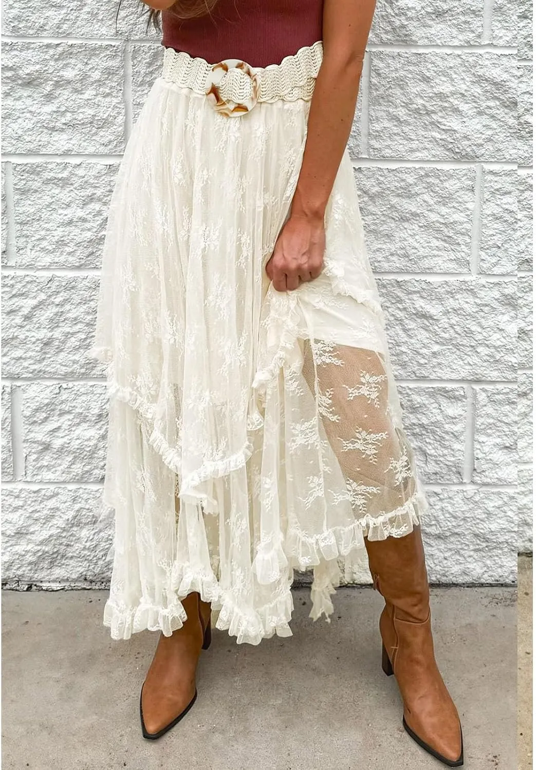 SELINK Womens Casual High Waist Lace Elastic Asymmetrical Layered Summer Long Maxi Skirt