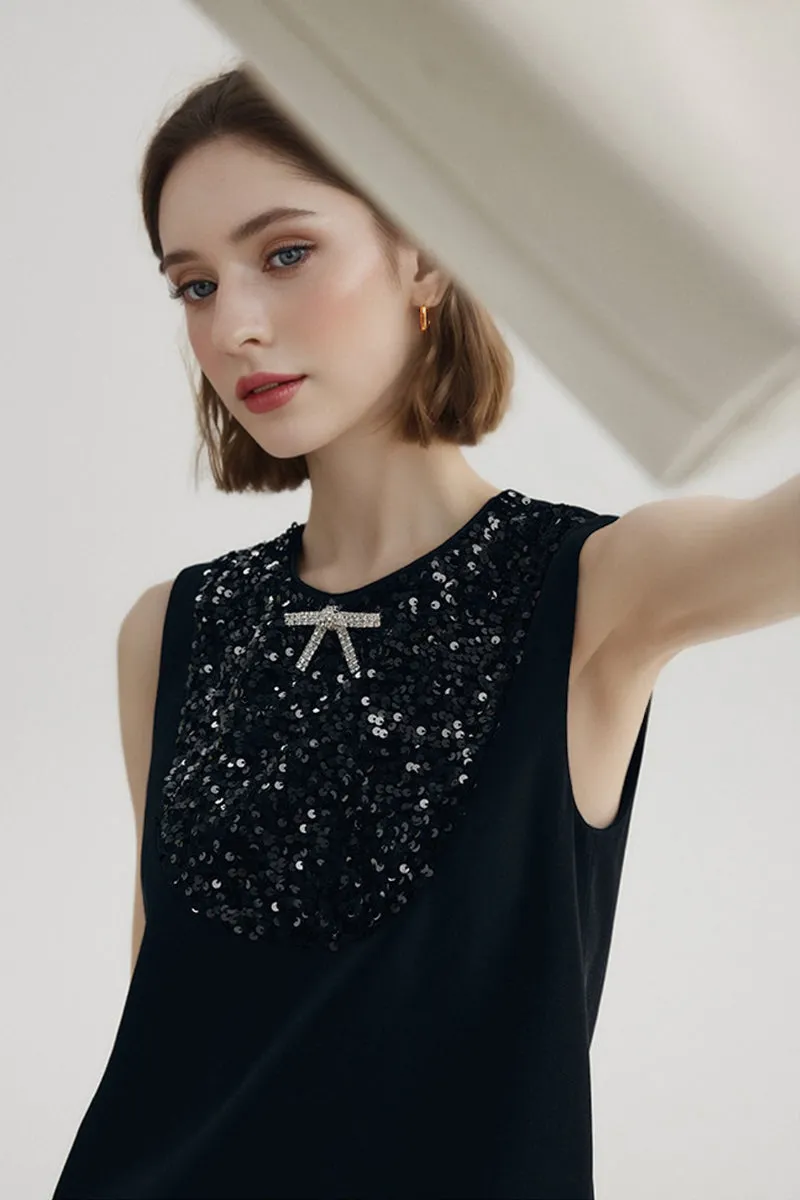 Sequin Embellished Bow-Detail Sleeveless Mini Dress