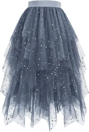 Sequin Skirt for Women Midi Long Tulle Skirts Tiered Tutu High Low Mesh Layered Elastic Waist Party Clothes