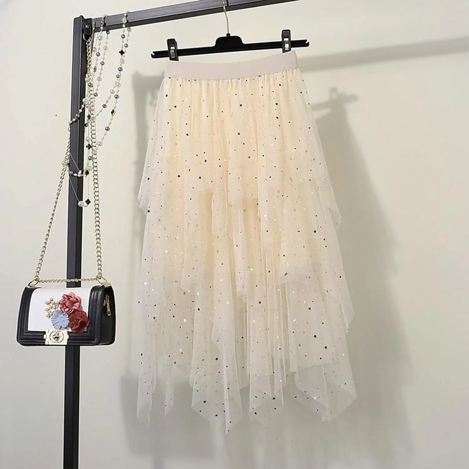 Sequin Skirt for Women Midi Long Tulle Skirts Tiered Tutu High Low Mesh Layered Elastic Waist Party Clothes