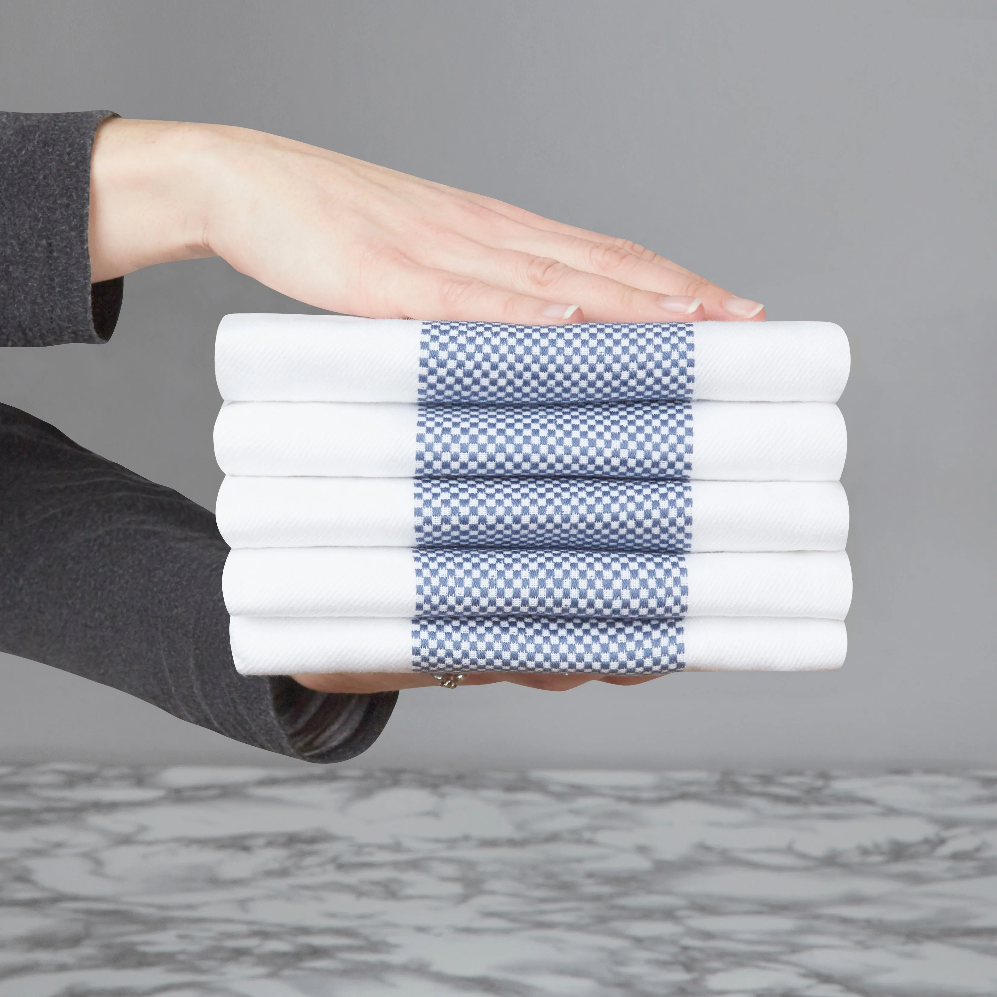 Set of 5 Thick Cotton Drill Mini Check Striped Tea Towels in Five Colours