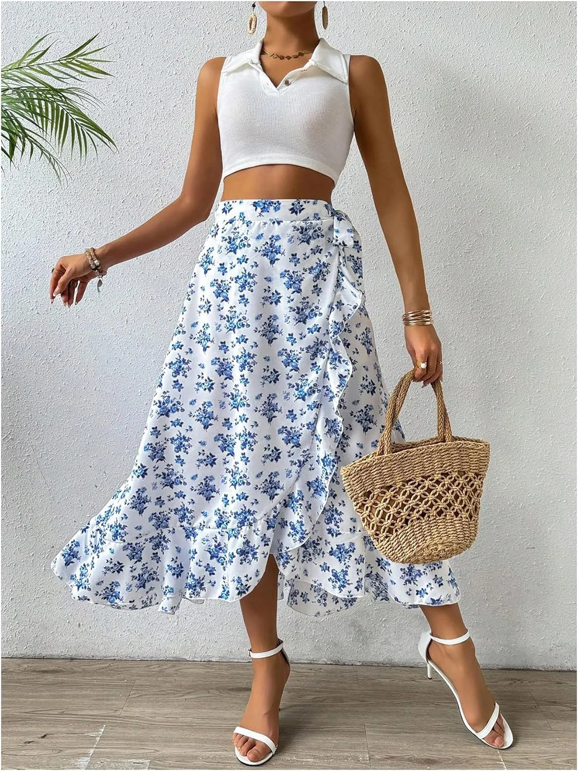 SHENHE Women's Boho Floral Wrap Skirt Ruffle Trim Flowy Slit Long Skirt Summer Skirts