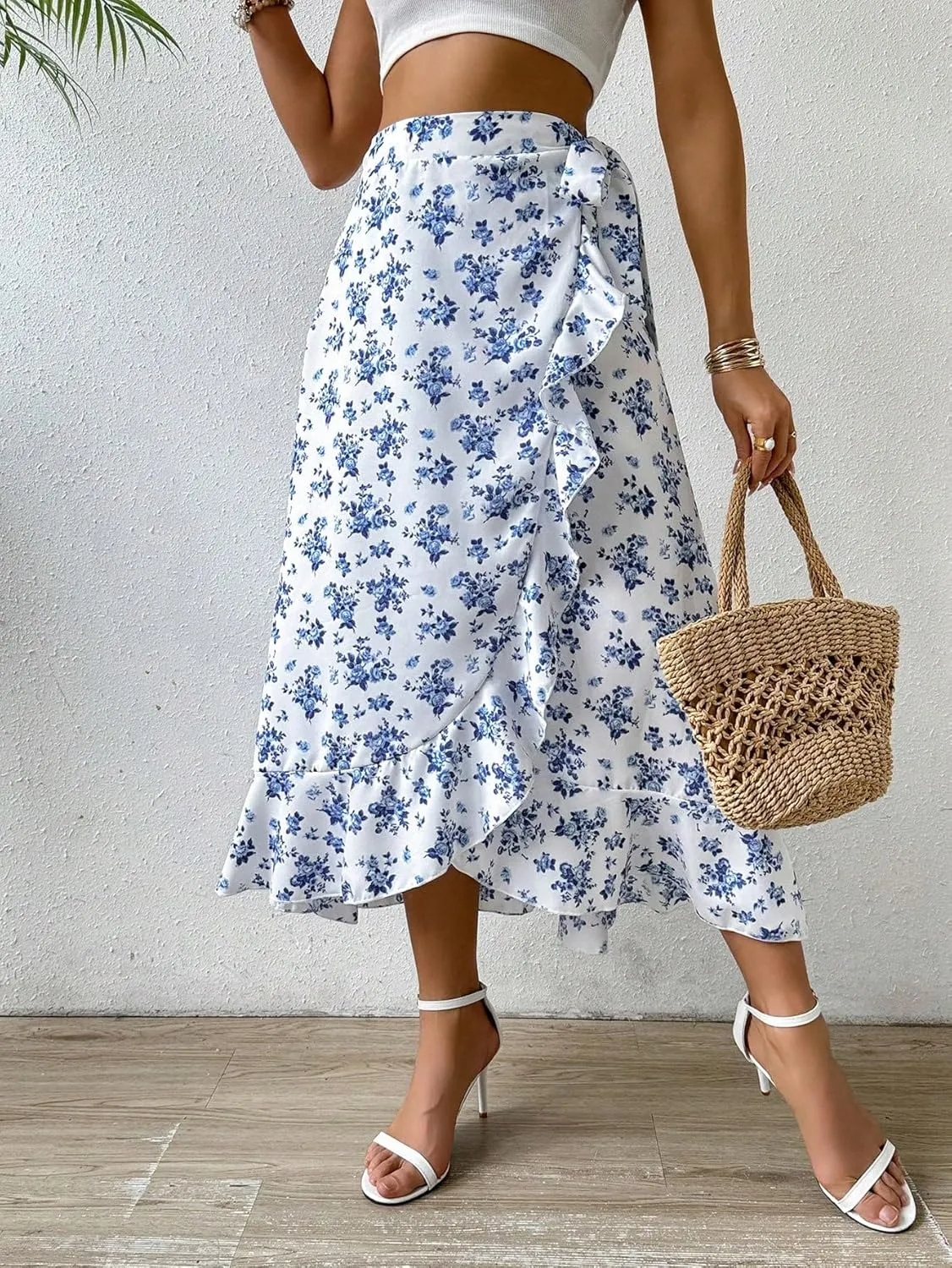 SHENHE Women's Boho Floral Wrap Skirt Ruffle Trim Flowy Slit Long Skirt Summer Skirts