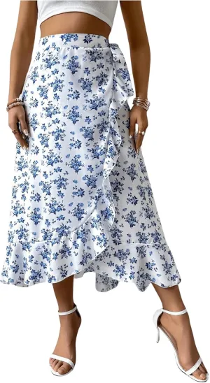 SHENHE Women's Boho Floral Wrap Skirt Ruffle Trim Flowy Slit Long Skirt Summer Skirts