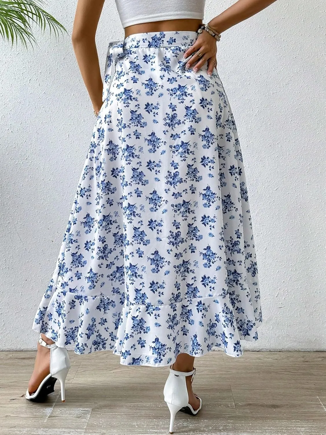 SHENHE Women's Boho Floral Wrap Skirt Ruffle Trim Flowy Slit Long Skirt Summer Skirts